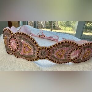 Vintage Raj Pink and Gold Beaded Tie Belt Deadstock Festival Boho Indie